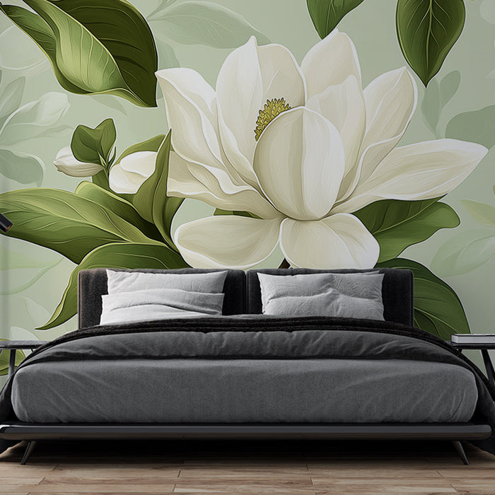 Falfestmény tapéta magnólia | Fehér pasztellzöld háttéren