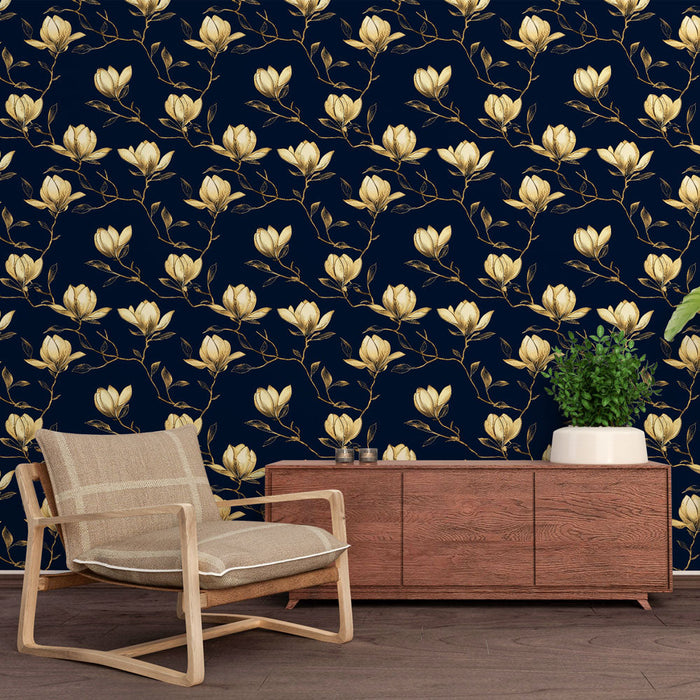 Fototapet magnolia doré | Elegante magnolia blomster på en midnatsblå baggrund