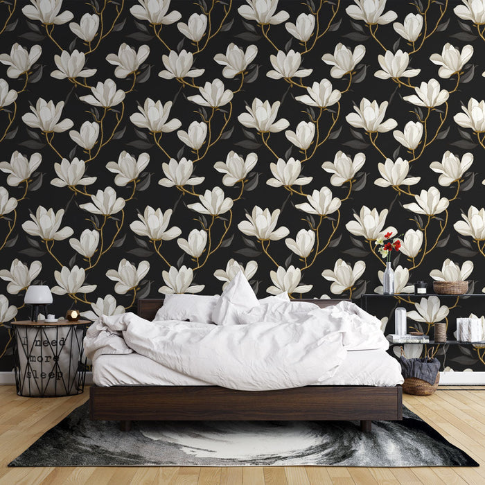 Fototapeet magnoolia | Elegantsed valged lilled mustal taustal