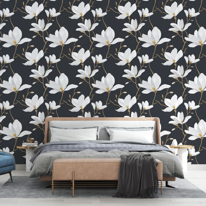 Fototapet magnolia | Beyaz çiçekler zarif siyah arka plan üzerinde