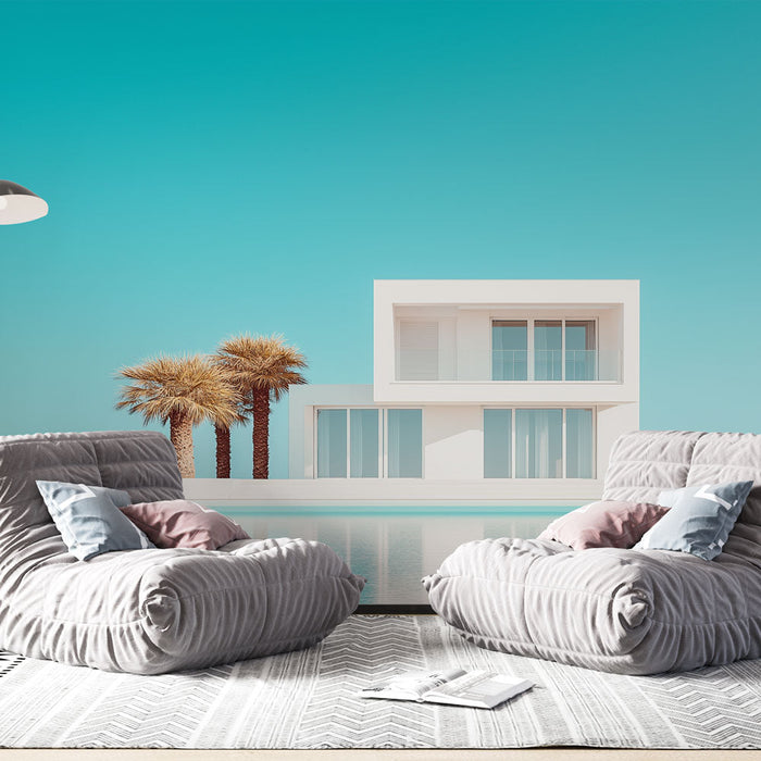 Fototapeet kaasaegne maja | Kaasaegne disain basseini ja palmipuudega