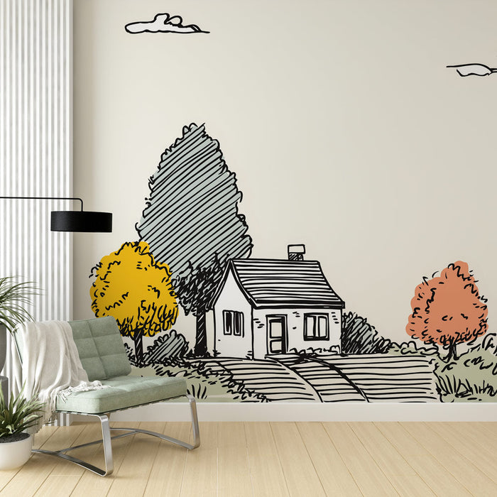 Tapete за държавна къща | Илюстрация на къща с пъстроцветни дървета