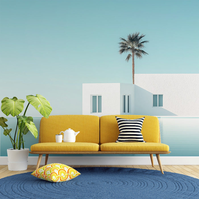 Tapeta minimalistycznego domu | Nowoczesny biały dom otoczony spokojną wodą