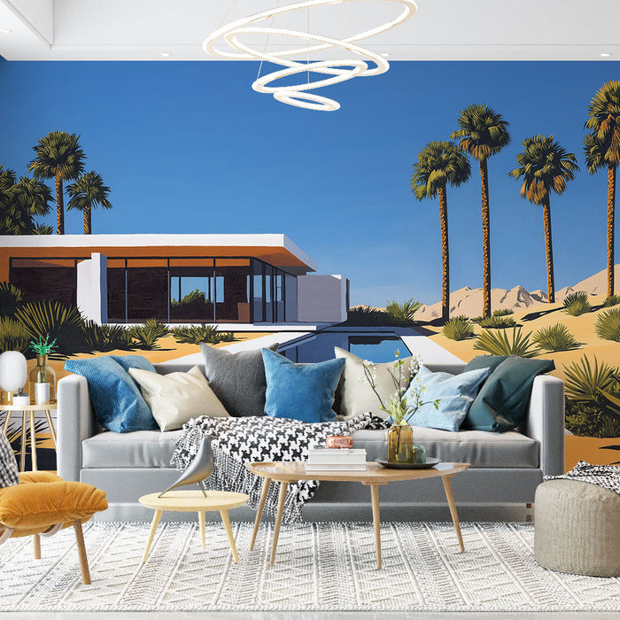 Papel pintado casa moderna en el desierto | Villa contemporánea rodeada de palmeras y vegetación desértica