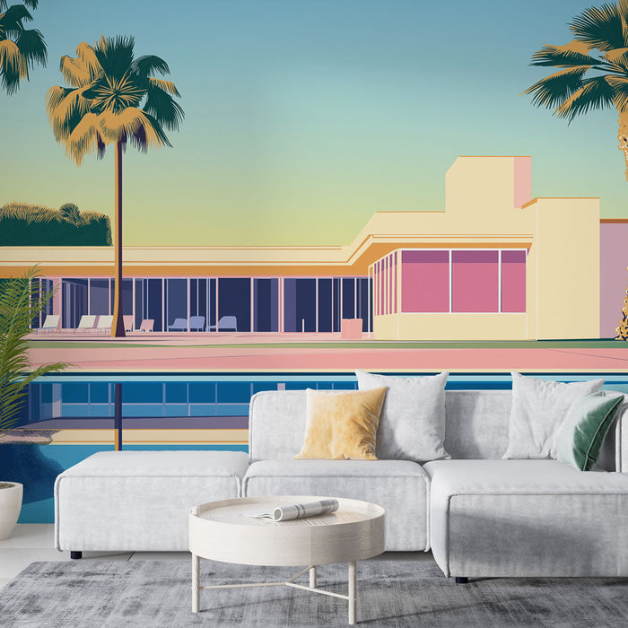 Carta da parati moderna per la casa | Villa elegante con piscina e palme sullo sfondo
