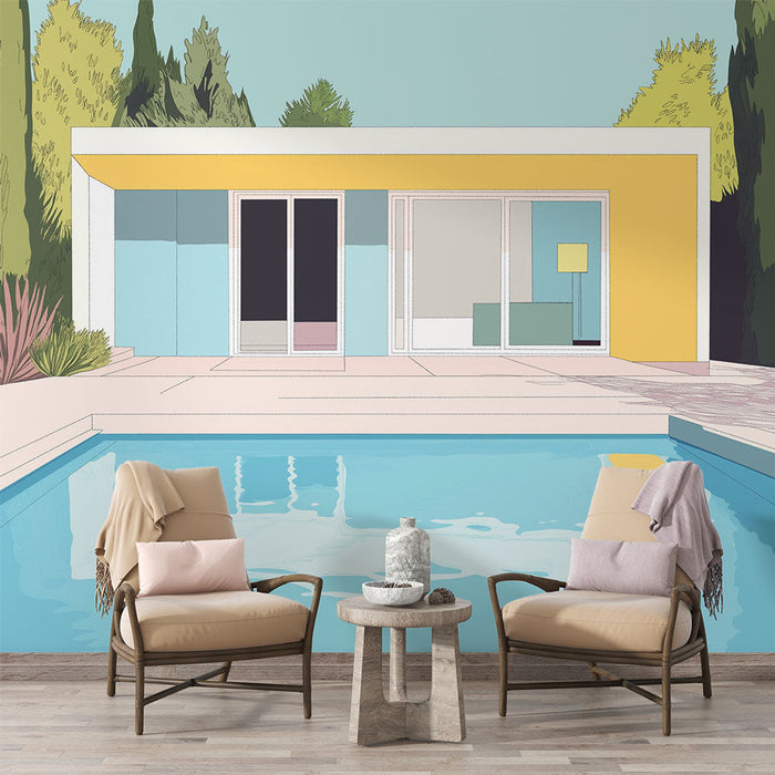Tapeta nowoczesny dom | Ilustracja willi przy basenie w minimalistycznym stylu