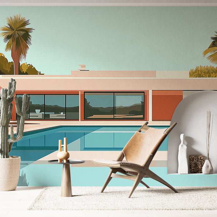 Papel de parede casa moderna | Ilustração elegante de uma vila com piscina e palmeiras