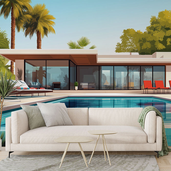 Fotótapéta modern ház | Egy villa tervezése a medence mellett dús pálmafákkal körülvéve