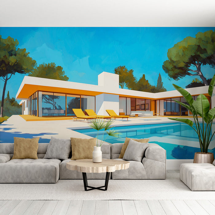 Carta da parati moderna casa | Villa contemporanea con piscina e sdraio vicino al mare