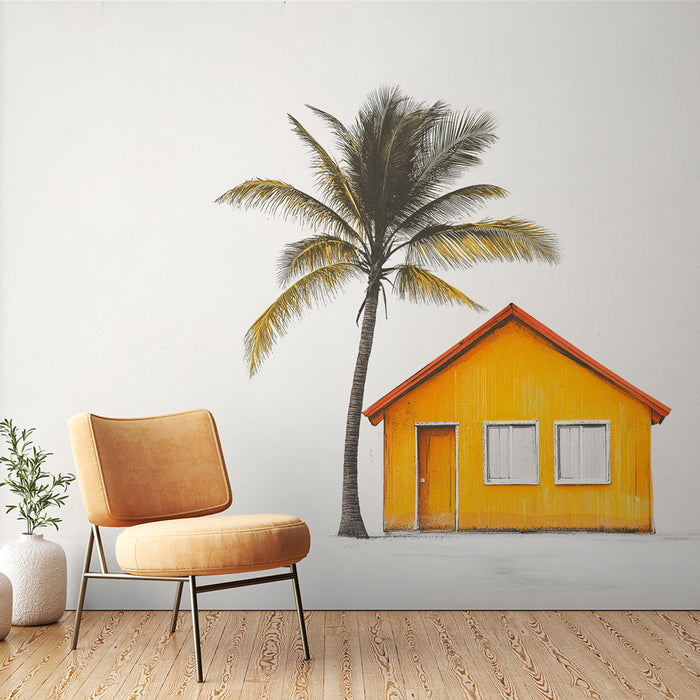 Tapete tropske kuće | Žuta kuća ispod veličanstvene palme