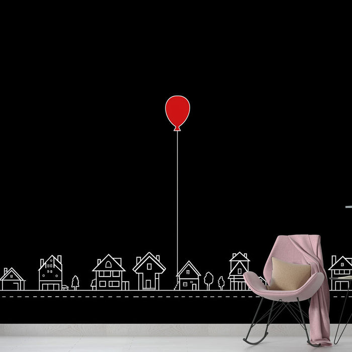 Fototapet hus och röd ballong | Hus i vit kontur med en flytande röd ballong