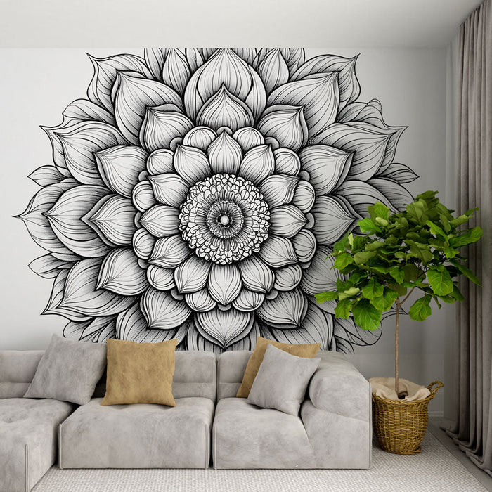 Foto Behang mandala bloemen | Elegante mandala patroon in zwart en wit