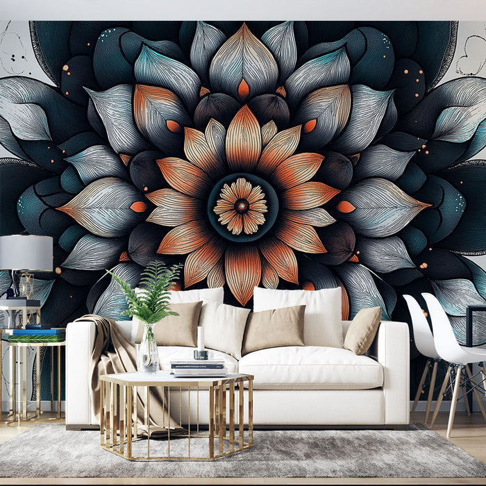 Tapet mandala | Model floral în gradient albastru și portocaliu