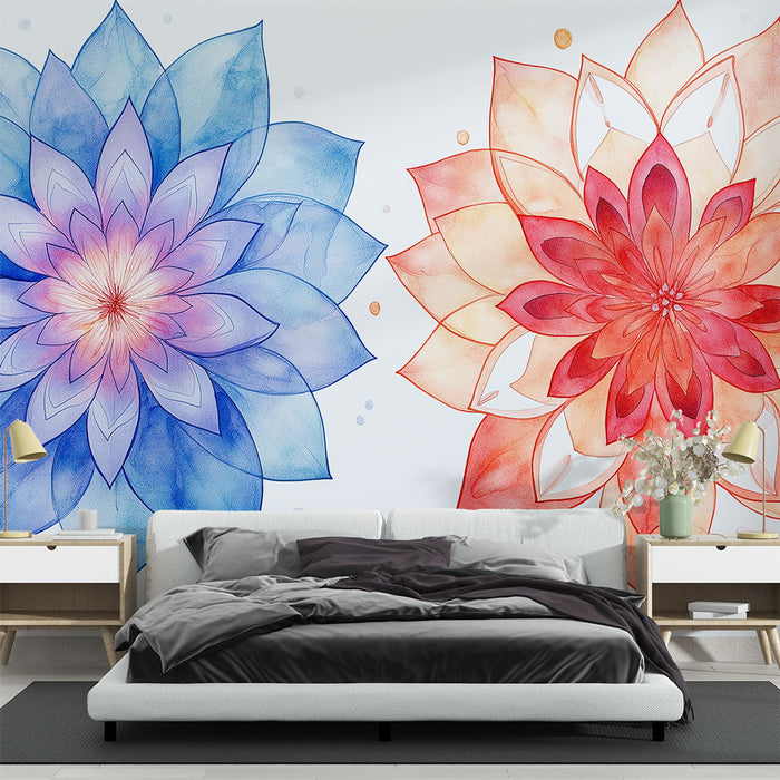 Tapet mandala | Modele florale în degradeuri de albastru și roșu