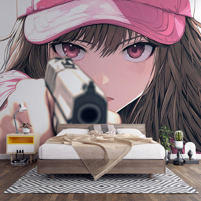 Fototapet manga | Pige med våben og pink kasket