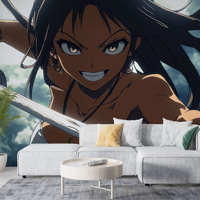 Papel pintado manga | Guerrero con una espada bajo un cielo dramático