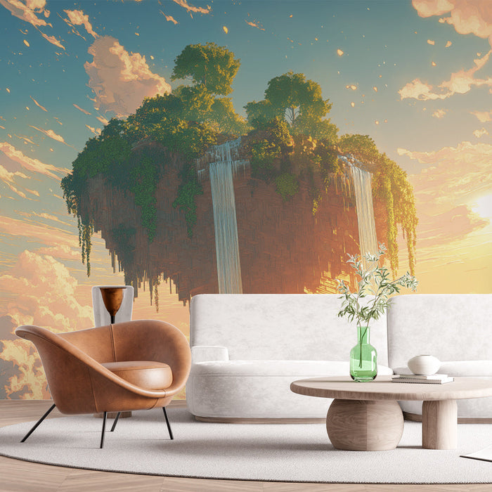 Carta da parati manga | Isola fluttuante magica sotto un cielo colorato