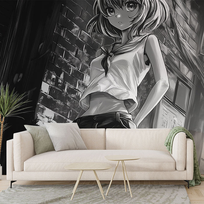 Mural Wallpaper manga | Ženski lik v črno-beli