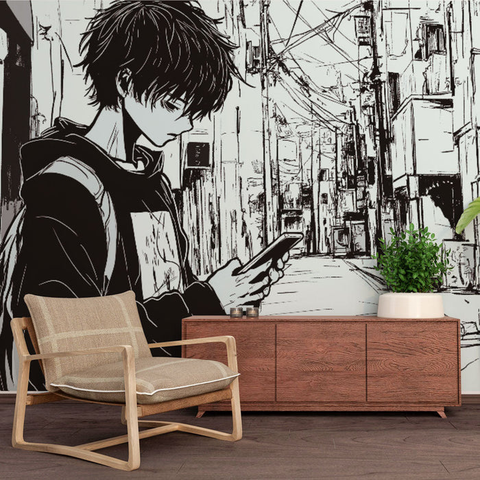 Papel de parede mural manga | Rua urbana em fundo preto e azul