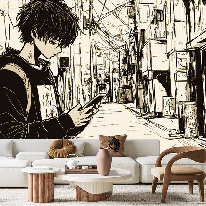 Foto Behang manga | Stedelijke straat in zwart en sepia achtergrond