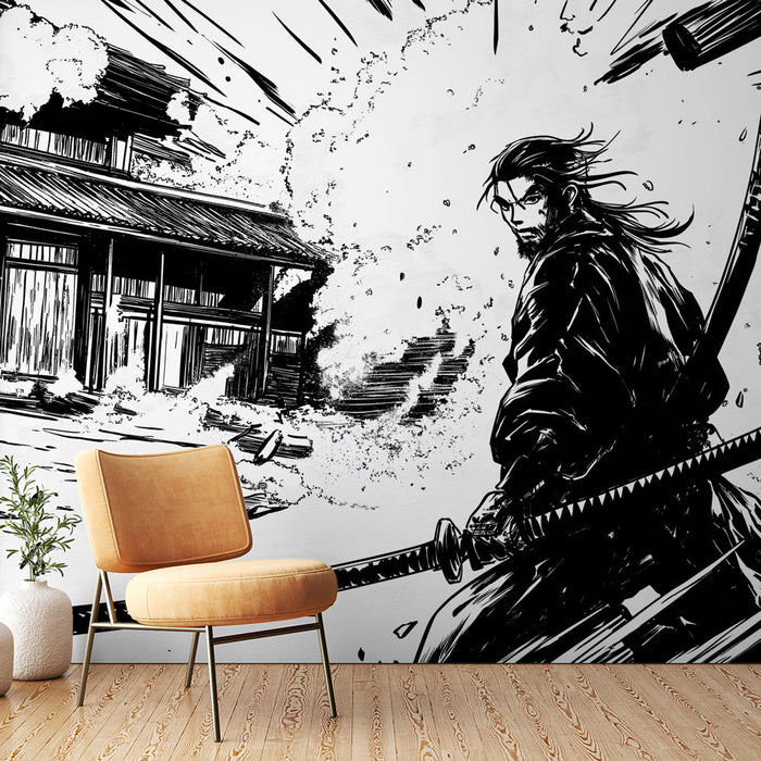 Ταπετσαρία τοίχου manga | Δραματική ασπρόμαυρη σκηνή μάχης