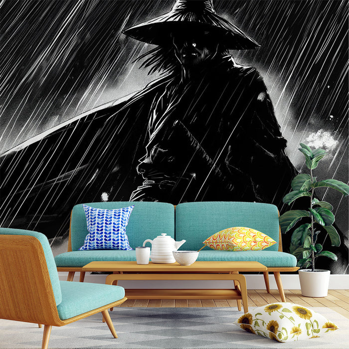 Papel pintado manga | Silueta misteriosa en la lluvia