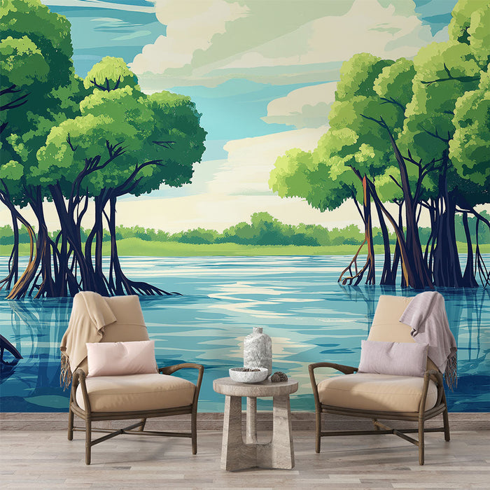 Foto Behang mangrove | Rustgevend tafereel van mangroven bij het water