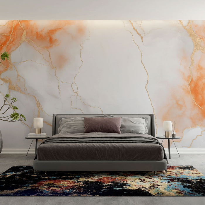 Papel de parede marmorizado | Elegância de tons branco, laranja e dourado
