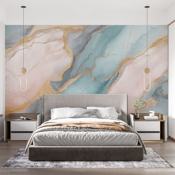 Tapete marmoriert | Mineralische Eleganz in Rosa- und Blautönen