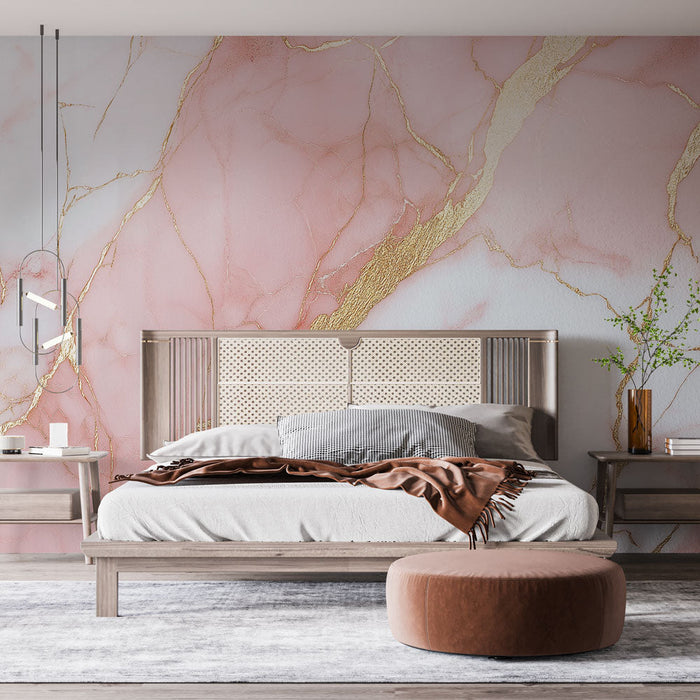 Tapet marmoreret | Pink og gylden elegance på en hvid baggrund