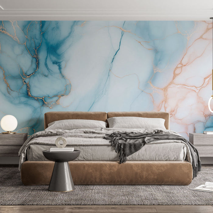 Mural Wallpaper marble | Abstract blue and pink pattern with golden veins