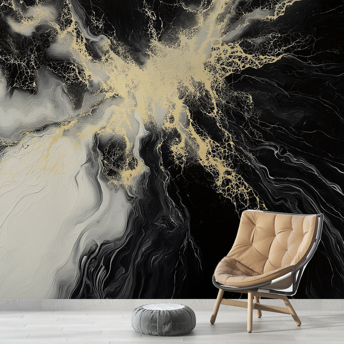 Carta da parati marmorizzata | Motivo astratto nero, bianco e oro