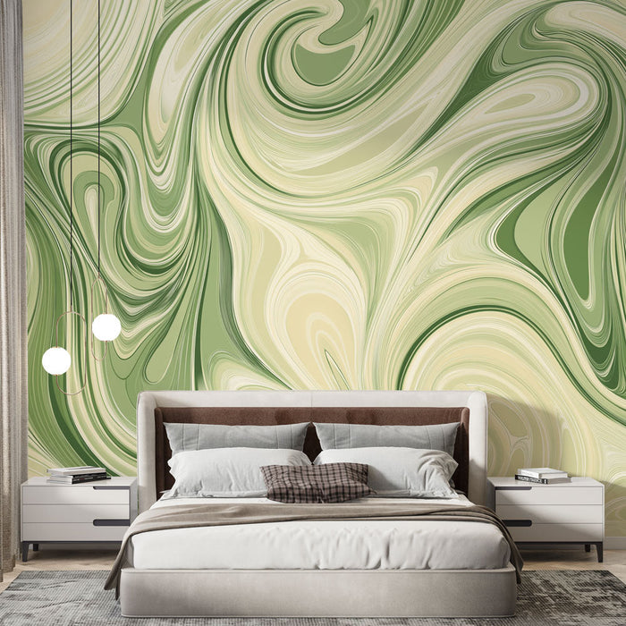 Tapeta Mural marbled | Zeleni in smetanasti vijugasti vzorec