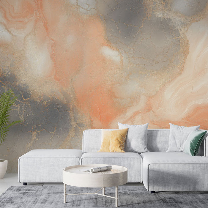 Ταπετσαρία τοίχου μαρμάρινη | Ρευστά μοτίβα σε πορτοκαλί και γκρι τόνους