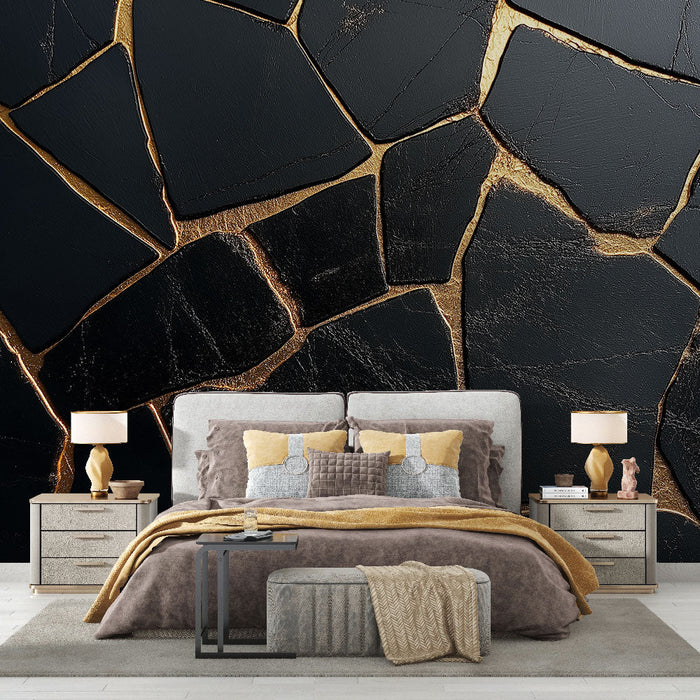 Mural Wallpaper black and gold marble | Elegant pattern of golden cracks on a black background