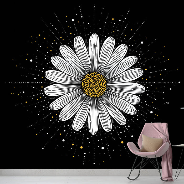 Fototapet marguerit | Stiliseret marguerit på en sort baggrund med gyldne og hvide splatter