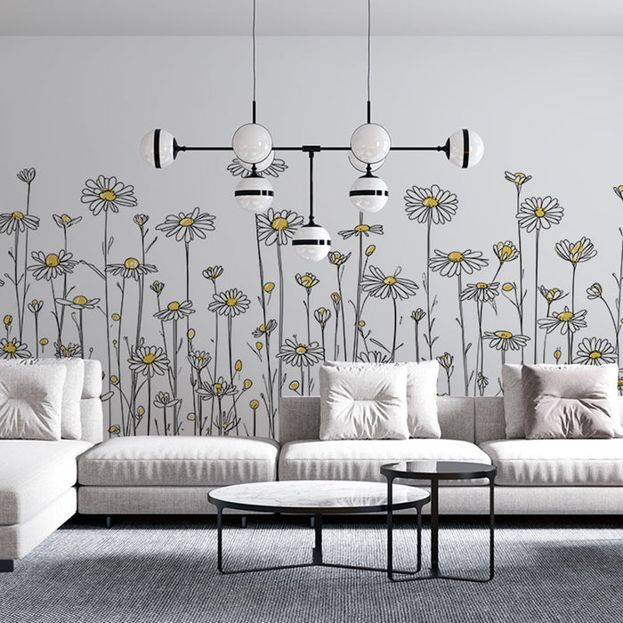 Mural Wallpaper marguerites | Floral pattern in black lines and bursts of yellow