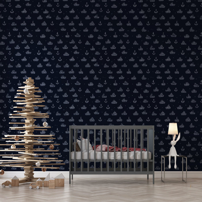 Papel de parede navy | Barcos e âncoras em fundo azul marinho