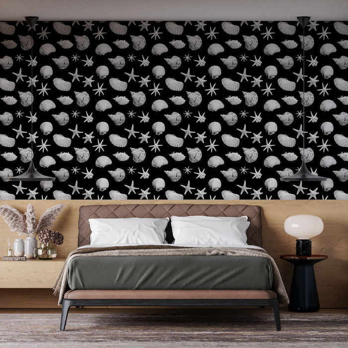 Papel pintado marin | Conchas y estrellas de mar sobre fondo negro