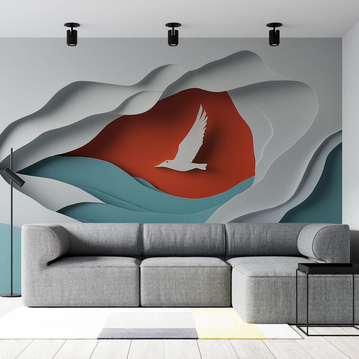 Fototapet deniz | Stilize kuşlar ve dalgalarla kabartmalı tasarım