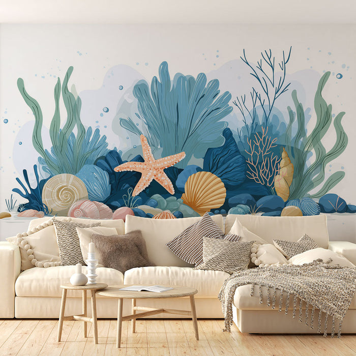 Papel de parede mural marinho | Cena subaquática calmante com corais e conchas.