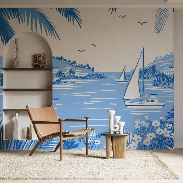 Papel de parede marinho | Cena tropical com veleiros e palmeiras em tons de azul