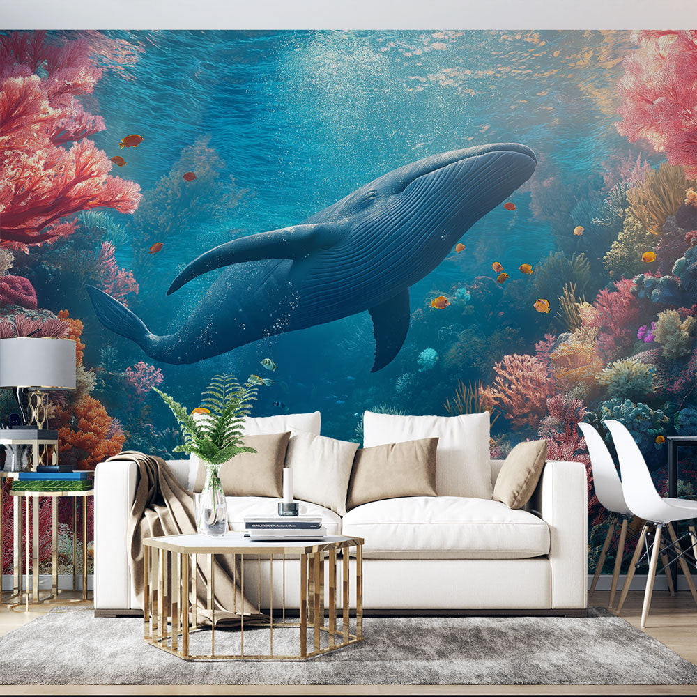 Papel pintado marino | Una majestuosa ballena nadando entre corales co —  WonderMural, image size:1000x1000