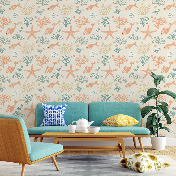 Maritime Mural Wallpaper | Fargerikt mønster av koraller og fisk i myke toner