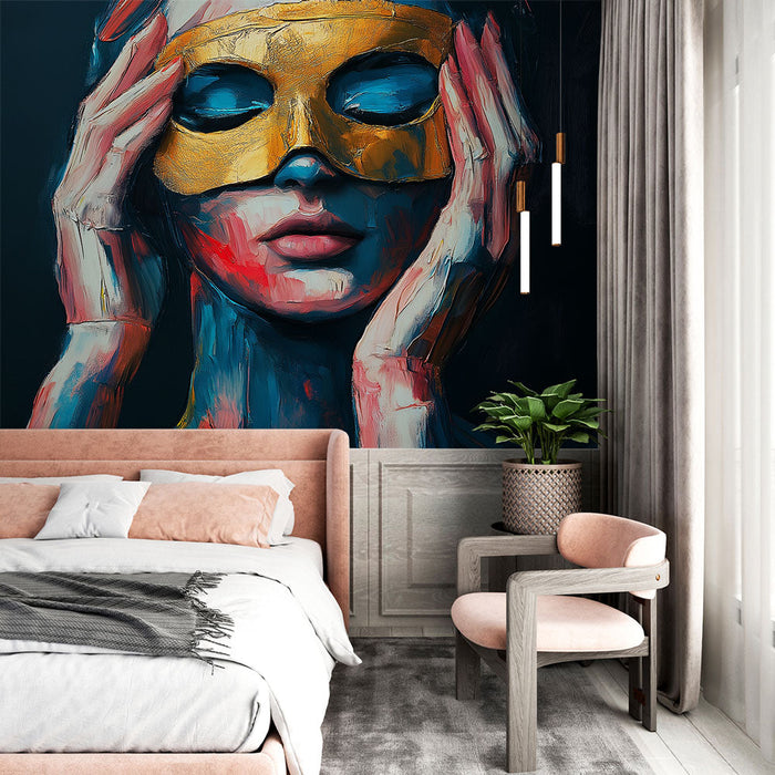 Tapete goldene Maske | Stilisiertes Porträt einer Frau mit goldener Maske