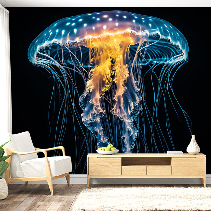 Tapeta z meduzami | Elegancki design świecących meduz na czarnym tle