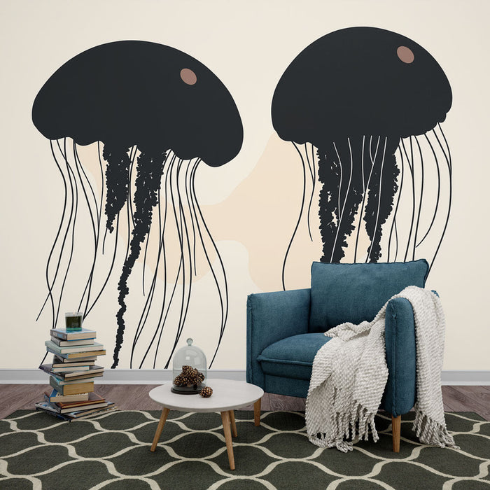 Ταπετσαρία τοιχογραφίας μέδουσες | Μινιμαλιστικός σχεδιασμός μαύρων μεδουσών σε ανοιχτόχρωμο φόντο