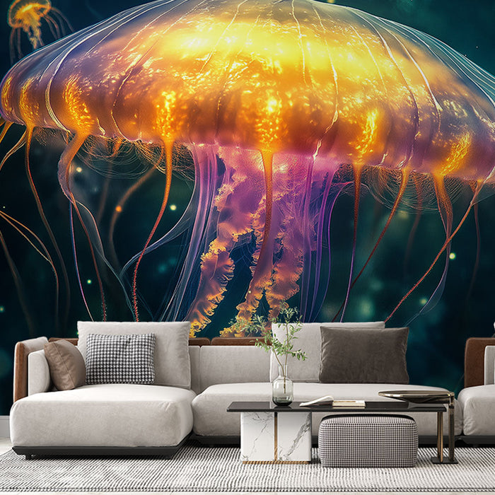 Seinapilt meduusid | Värvilised veeelemendid helendavate meduusidega