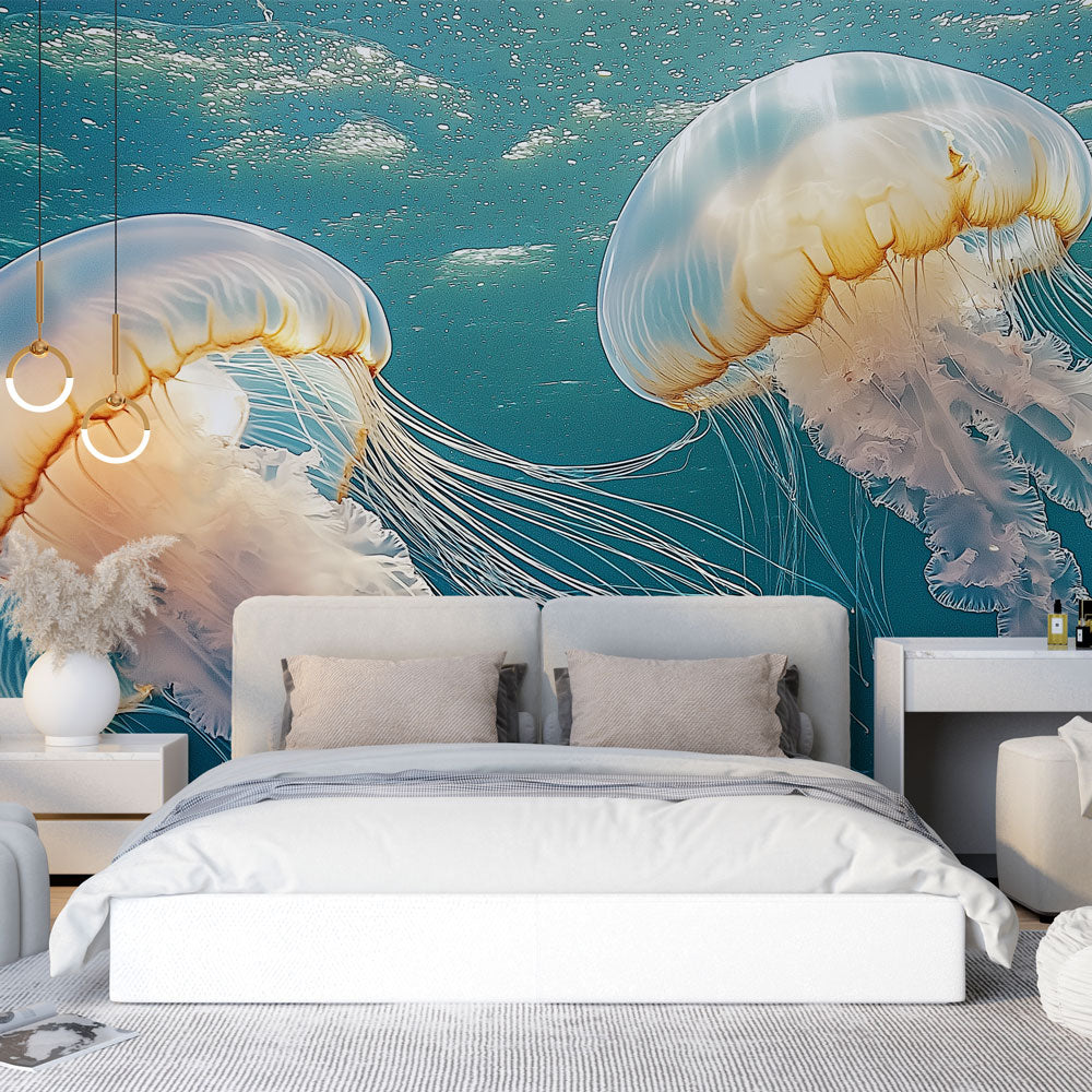 Papier Peint 3D Autocollant Golden Jellyfish R4015 - Luna, Amovible