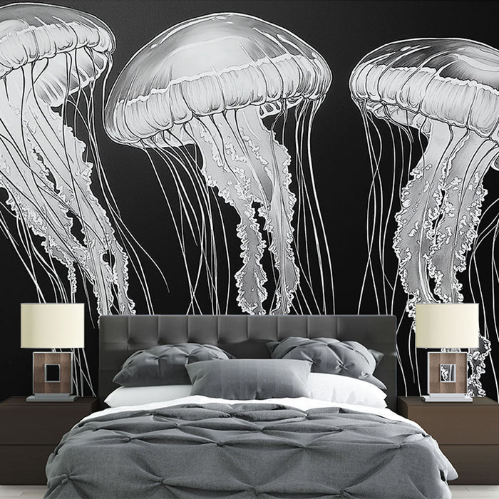 Tapeta meduza | Umjetnička ilustracija meduza u crno-bijeloj tehnici